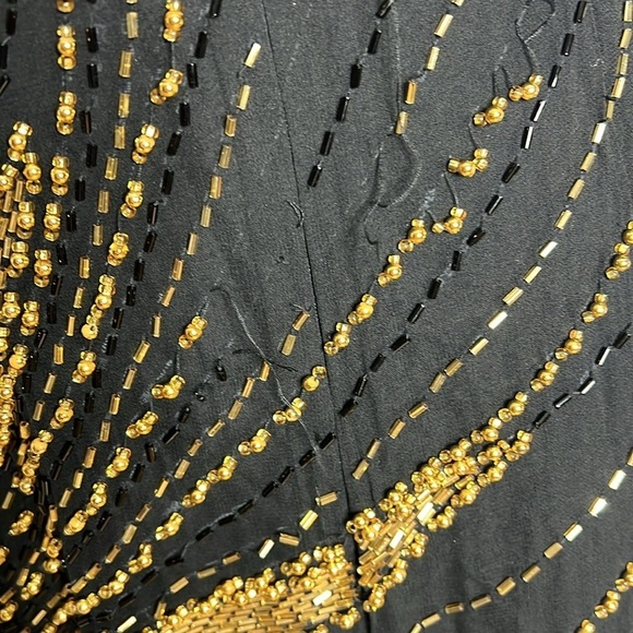 Nite Line Sz 10 Black Silk Gold Bugle Beaded Full Length Side Slit Dress Gown - Picture 13 of 16